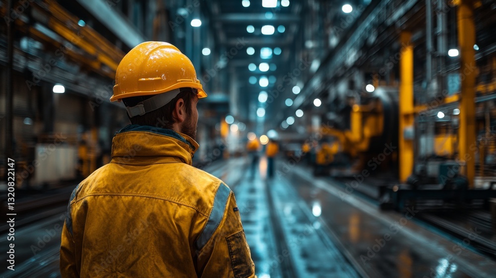 An industrial worker wearing a protective helmet stands in a manufacturing facility, observing automated machinery used for steel and aluminum production. The environment is busy with activity. An industrial worker wearing a protective helmet stands in a manufacturing facility, observing automated machinery used for steel and aluminum production. The environment is busy with activity.
