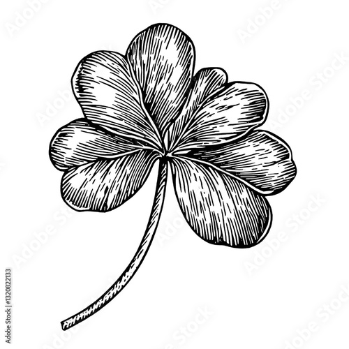 Engraved illustration of a four-leaf clover designed for tattoo and packaging purposes