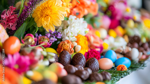 A spring-inspired Easter brunch table with chocolate Easter eggs, colorful flowers, and vibrant decorations that create a cheerful and welcoming atmosphere for the holiday feast.