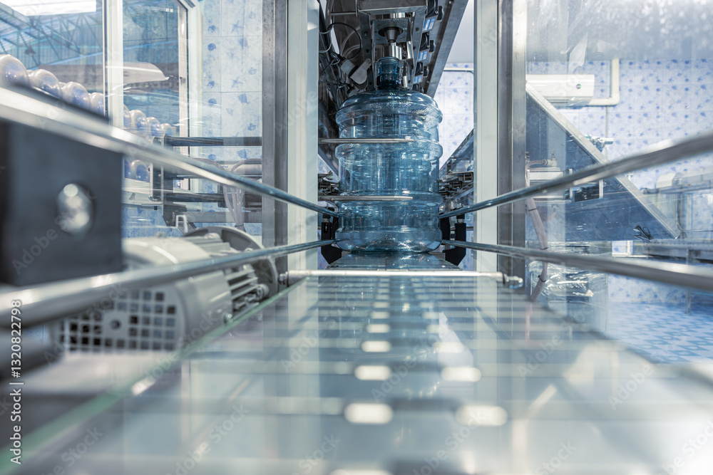 Drinking water production line on conveyor belt. PET Plastic water bottles in drink factory