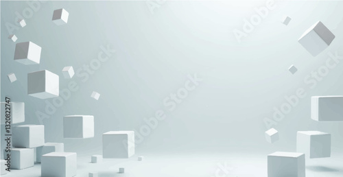A visually striking wallpaper design featuring an array of randomly shifted white cube boxes against a soft gradient background.