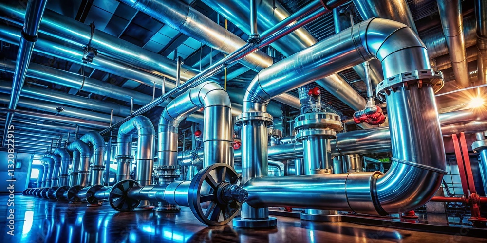 Close-up of Shiny Pipes & Pumps in Industrial Boiler Room: Water Treatment Technology Close-up of Shiny Pipes & Pumps in Industrial Boiler Room: Water Treatment Technology