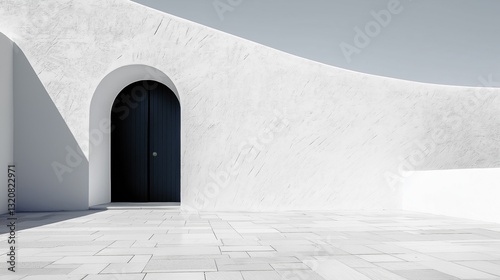 Modern white building with a black door in the center. the door is arched and has a small window on the right side. the building has a curved wall on the left side and a tiled floor in front of it.