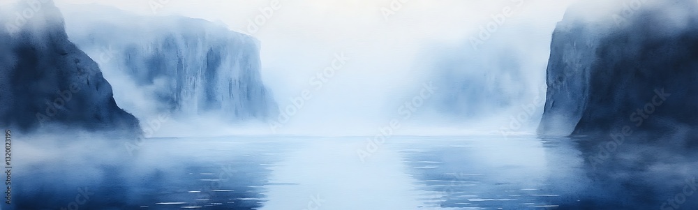 Misty cliffs overlooking a calm, reflective body of water under a serene blue sky. Misty cliffs overlooking a calm, reflective body of water under a serene blue sky.