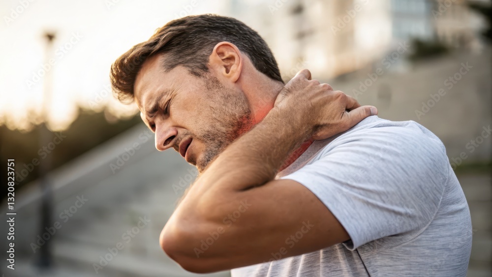 Fototapeta premium Man Suffering From Neck Pain Outdoors
