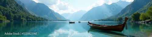 Wooden boats gently bobbing on tranquil Braies Lake, majestic mountains backdrop , blue, sudtirol, lake photo