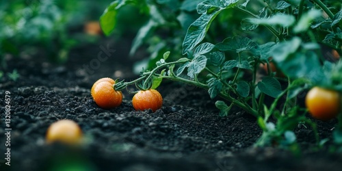 Close-Up Vibrant Orange Tomatoes Ripen on the Vine, Ready for Harvest in a Lush Garden Bed.