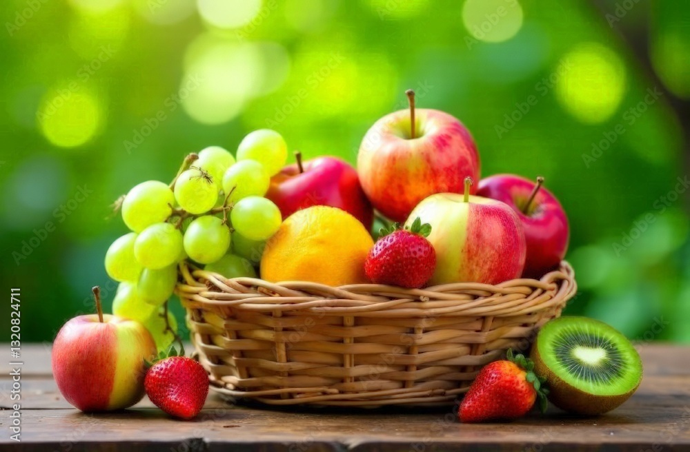 Basket filled with colorful fruits - apples, grapes, strawberries and kiwi. On a wooden table against the background of a green garden in sunny day Basket filled with colorful fruits - apples, grapes, strawberries and kiwi. On a wooden table against the background of a green garden in sunny day