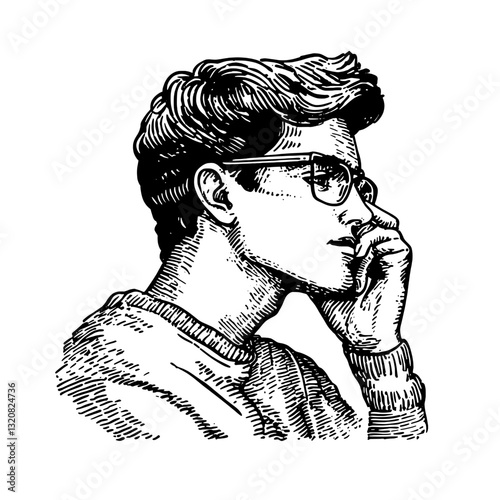 Engraved vector illustration of a thoughtful young man lost in contemplation while wearing glasses