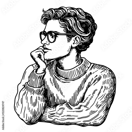 Engraved vector illustration of a thoughtful person in a cozy sweater, perfect for tattoo design or unique packaging ideas