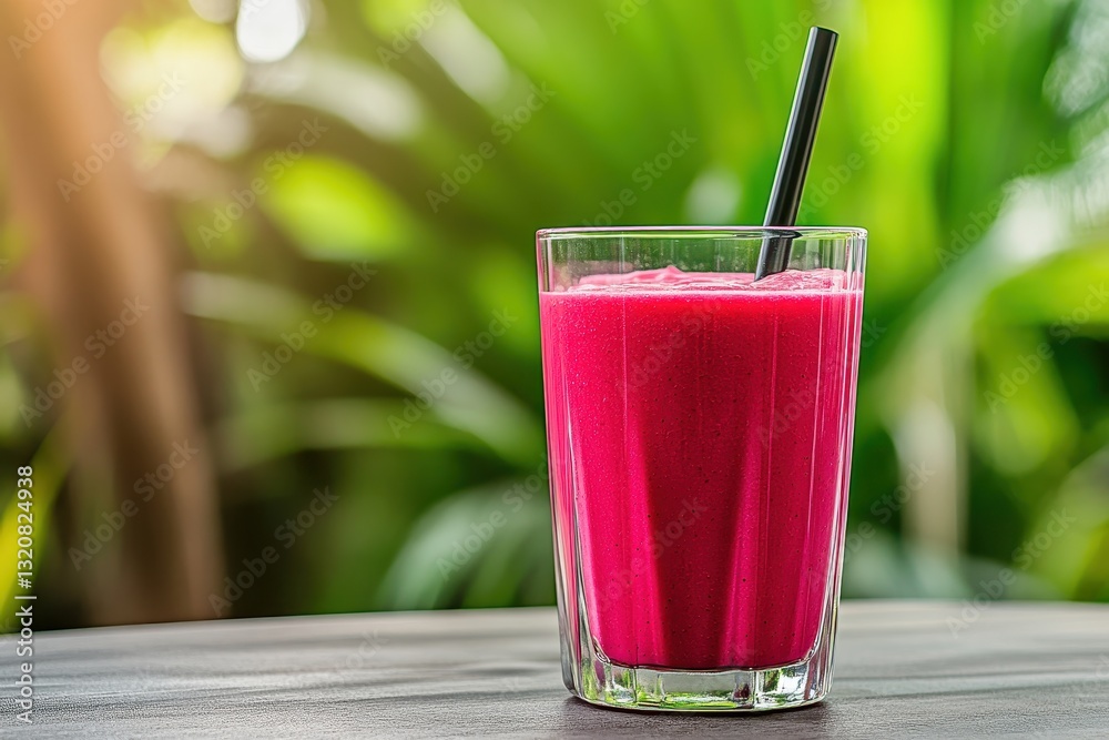 Refreshing Pink Smoothie in a Glass with Black Straw Surrounded by Lush Greenery Refreshing Pink Smoothie in a Glass with Black Straw Surrounded by Lush Greenery