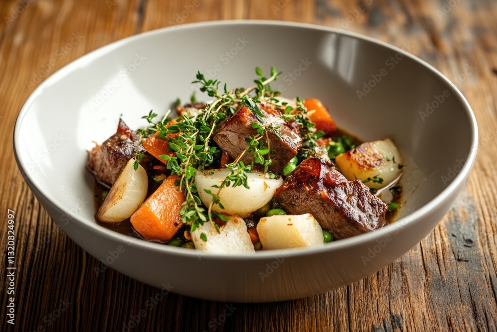 Delicious Irish Lamb Stew With Root Vegetables and Fresh Herbs in a White Bowl on Rustic Wooden Table Delicious Irish Lamb Stew With Root Vegetables and Fresh Herbs in a White Bowl on Rustic Wooden Table