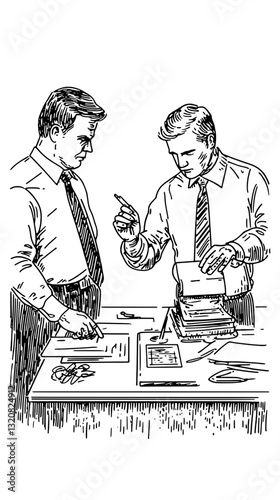 Collaborative discussion between two professionals in a creative setting about design elements and tattoo concepts for packaging