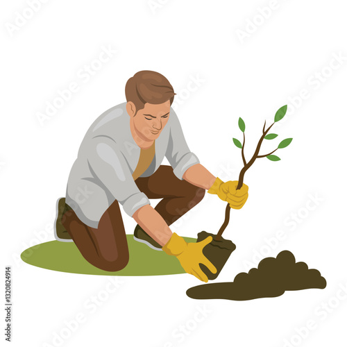 Man kneeling while planting a tree sapling, wearing gloves, on a grassy patch. Concept of gardening, environment, and nature care. Vector illustration
