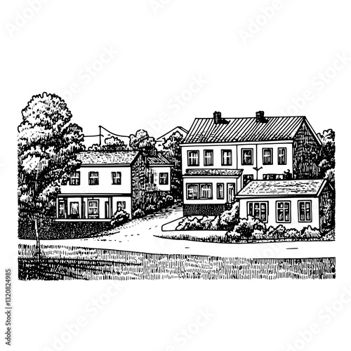 Engraved illustration of quaint houses nestled among trees in a serene village setting showcasing timeless charm and picturesque architecture