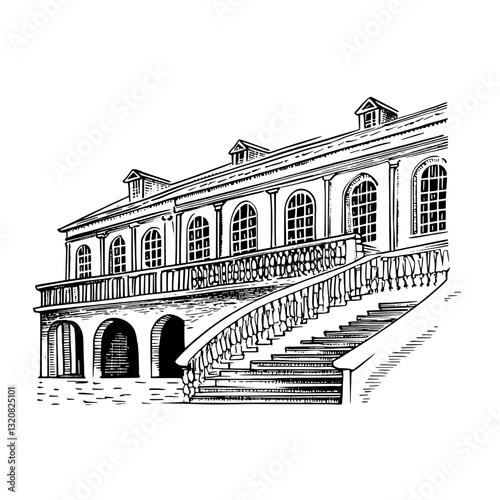 Elegant architectural engraving showcasing grand staircase and detailed balustrade in classic design style