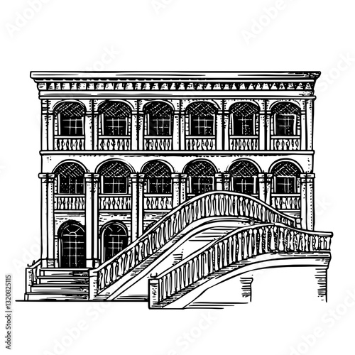 Elegant engraved illustration of a historic architectural marvel showcasing a grand staircase and detailed arches