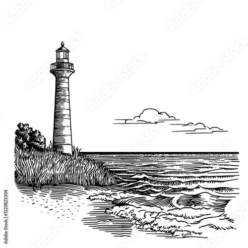 Elegant engraved lighthouse vector illustration perfect for packaging and tattoo designs showcasing serene coastal beauty