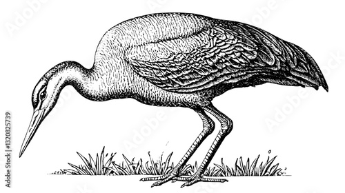 Elegant heron gracefully foraging in lush grass, captured in detailed engraving style for artistic expression