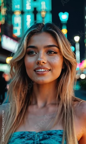 Close-up portrait of a beautiful blonde tourist woman walking enjoying the vibrant nightlife of Las Vegas, amazed by the neon city lights, urban bokeh background, dreamy and cinematic atmosphere