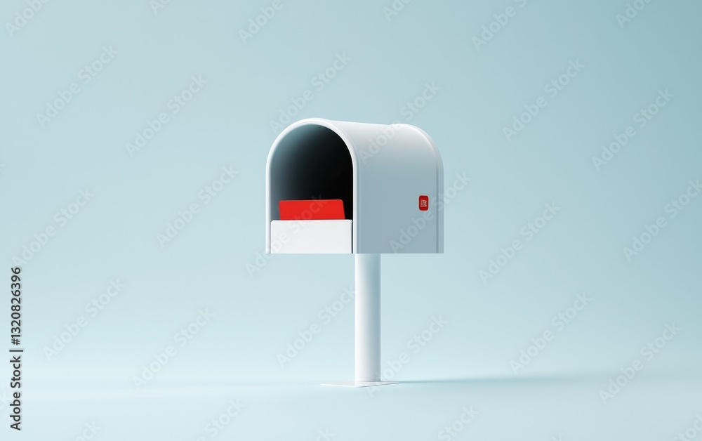 White Mailbox with Red Mail on Light Blue Background White Mailbox with Red Mail on Light Blue Background