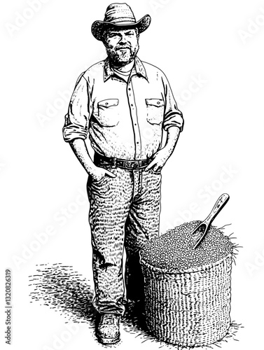 Detailed engraving of a farmer standing proudly beside a large sack of harvested grains, showcasing rural life and agricultural traditions