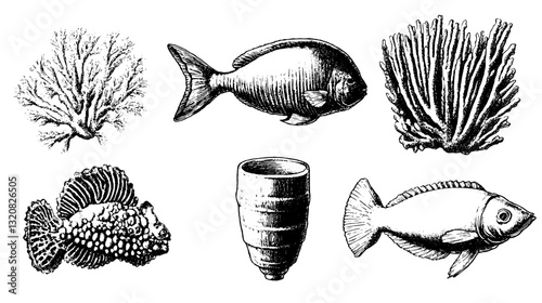 Engraved vector illustration showcasing diverse marine life elements for tattoo and packaging design