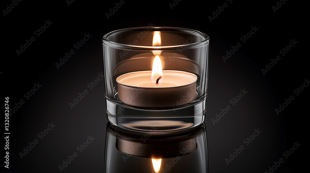 Glass candle holder with flickering flame on reflective black surface Glass candle holder with flickering flame on reflective black surface