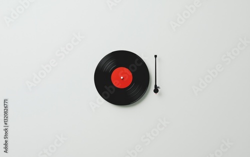 Black Vinyl Record and Tonearm on Gray Background