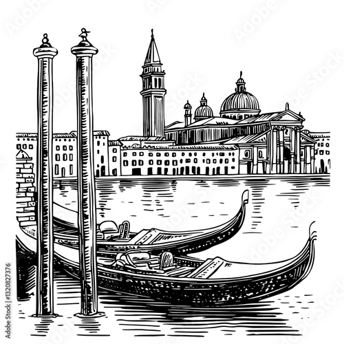 Engraved illustration of gondolas by the Venetian canals with historic architecture in the background