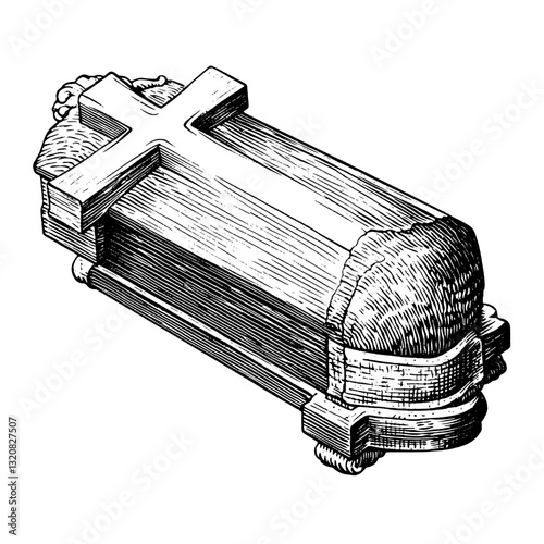 Engraved vector illustration of a coffin with a cross design for tattoo inspiration and packaging elements