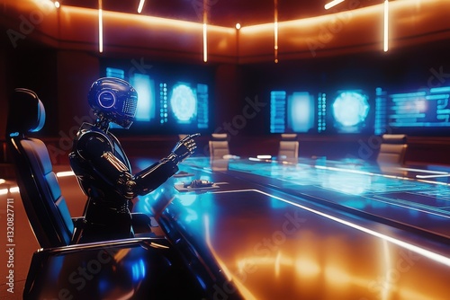 A futuristic humanoid robot is operating in a high-tech control room, showcasing advanced technology and artificial intelligence in a modern environment.
