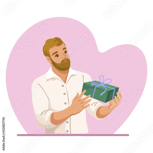 Bearded man in a white shirt holding a green gift box with a purple ribbon, looking curious. Pink heart-shaped background. Concept of surprise. Vector illustration