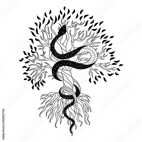 Mystical snake entwined with tree branches in a heavenly black and white doodle design