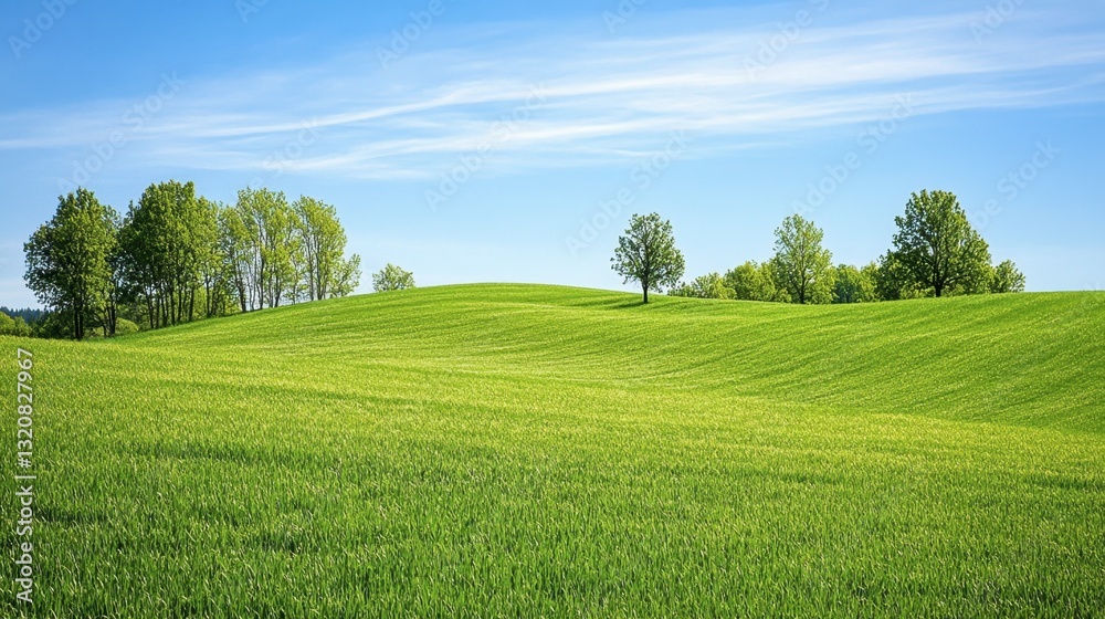 Obraz premium A scenic view of a rural countryside with rolling green hills and a bright blue sky during springtime.
