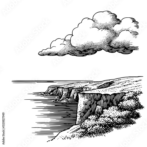 Engraved coastal landscape illustration showcasing cliffs, ocean, and a clouded sky ideal for diverse tattoo and packaging designs