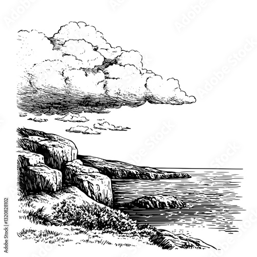 Engraved coastal landscape showcasing cliffs, clouds, and tranquil waters in a timeless artistic style for tattoo and packaging design