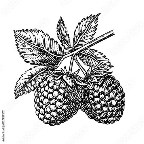 Artistic engraved illustration of ripe raspberries adorned with lush leaves for stylish tattoo and packaging designs