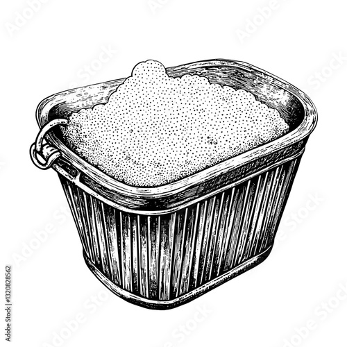 Engraved illustration of a vintage bucket filled with sand, ideal for tattoo designs and packaging inspirations