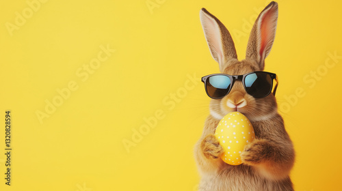 Easter theme, a rabbit wearing sunglasses holding an Easter egg, with a yellow background and reserved text space