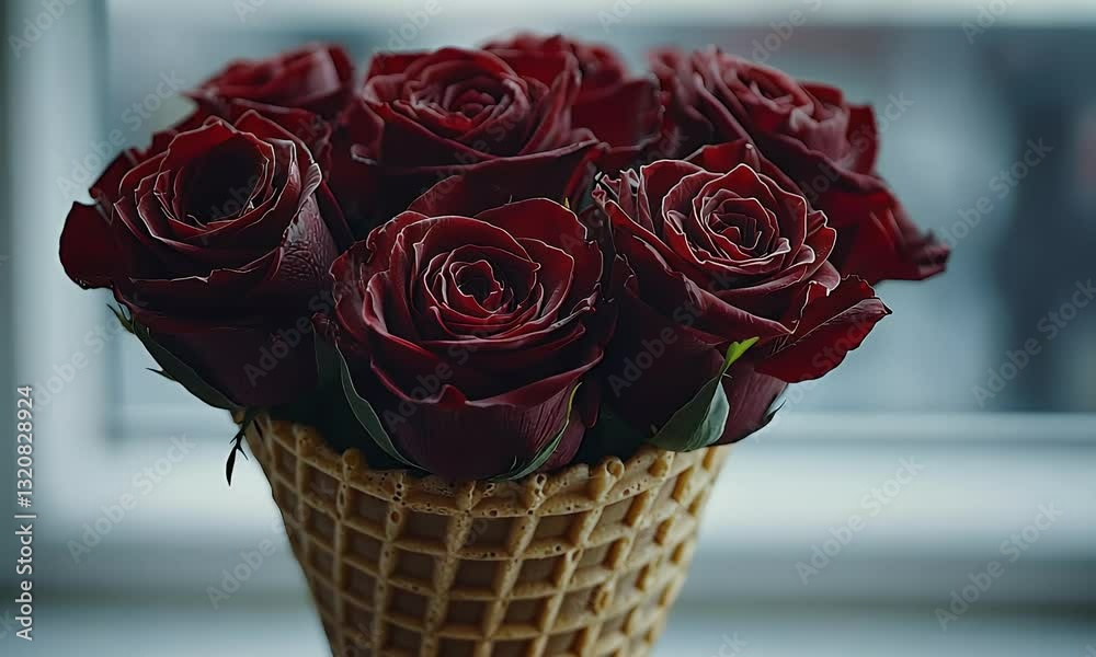 Dark red roses in waffle cone by window, romantic gift, Valentine's Day