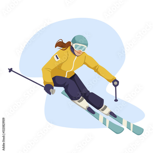 Woman skier in yellow jacket skiing downhill with poles on blue abstract background. Winter sports and skiing concept. Vector illustration