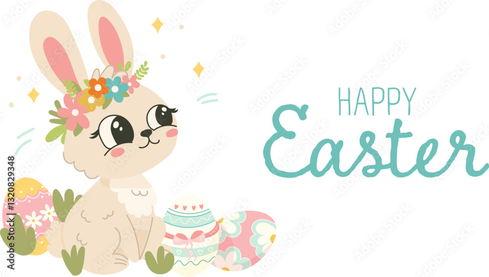 Floral Bunny Easter Greeting, Hand Drawn Cute Rabbit with Decorated Eggs Floral Bunny Easter Greeting, Hand Drawn Cute Rabbit with Decorated Eggs
