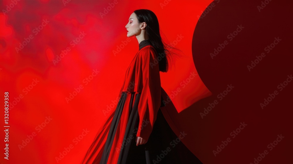 Fototapeta premium A woman dressed in a long black and red dress