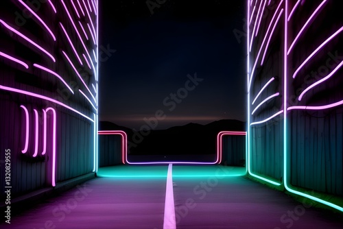 road view between buildings at night with neon light