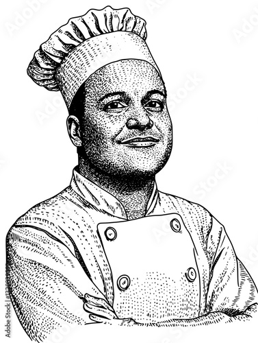 Engraved vector illustration of a confident chef showcasing culinary expertise in a timeless design suitable for tattoo art and packaging