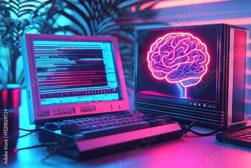 Retro computer setup with a neon brain symbolizing AI, displaying futuristic data streams in vibrant pink and blue hues amidst tropical plants, evoking a cybernetic atmosphere.