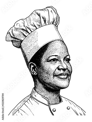 Culinary artistry captured in an engraved vector illustration showcasing a chef in a classic uniform