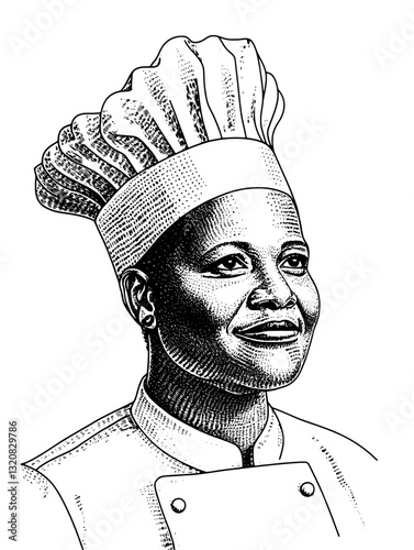 Engraved vector illustration of a confident chef wearing a traditional hat showcasing culinary artistry and passion