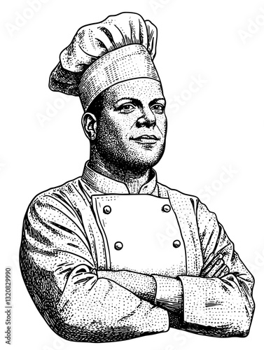 Culinary artisan stands confidently in a chef's uniform, exuding passion for the art of cooking through engraved illustration design